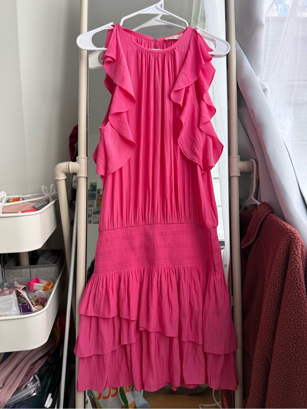 Coquette Wedding Guest Ramy Brook New York pink tiered ruffle mini dress